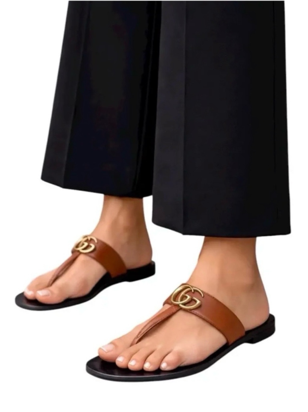 Gucci Marmont Brown Leather Thong Sandals With Gold Gg